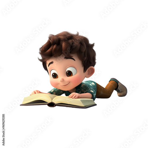 A young boy joyfully reading a book, showcasing curiosity and imagination in a vibrant, animated style.