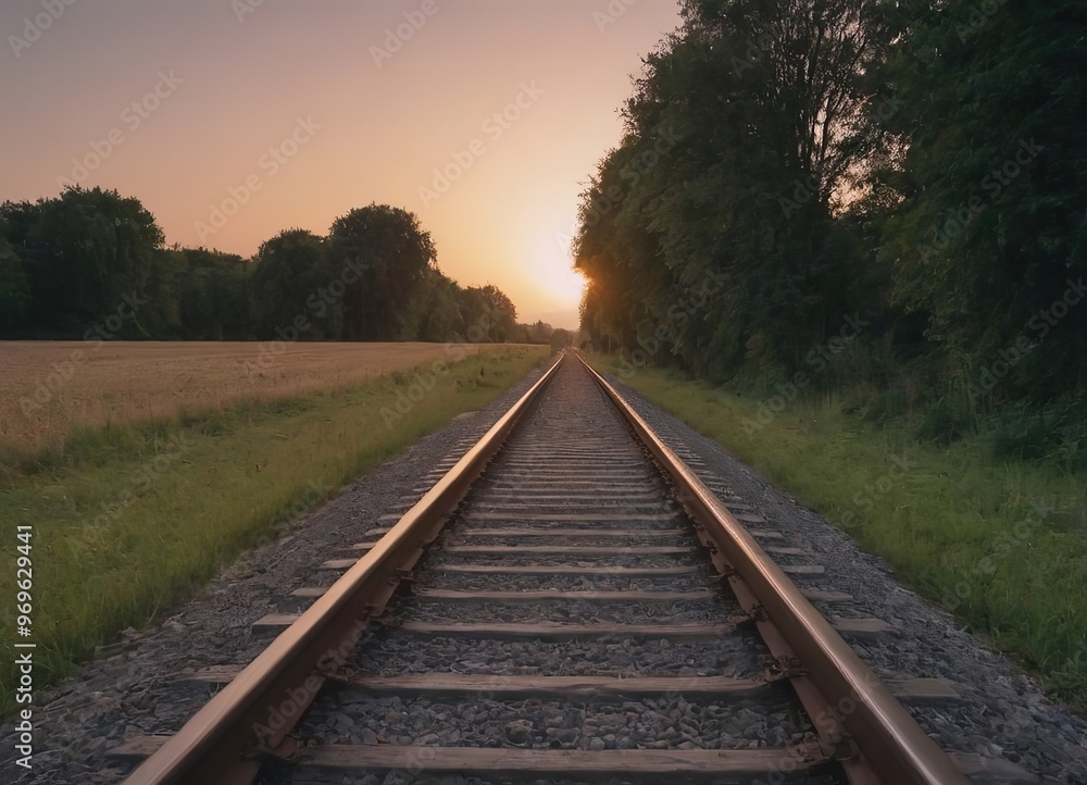 Fototapeta premium A beautiful train is traveling down its train tracks as the sun sets