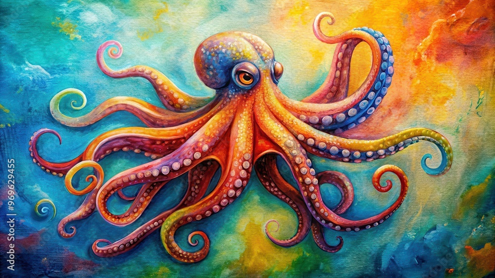 Fototapeta premium Octopus painted in vibrant colors on canvas , sea creature, marine life, underwater, acrylic painting, colorful