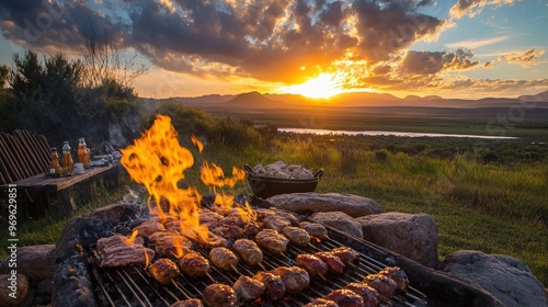 A lively gathering features a traditional South African braai, where marinated meats sizzle over an open flame as the sun sets over beautiful landscapes
