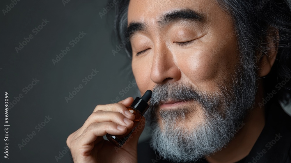 Obraz premium Senior Man Applying Facial Oil.
