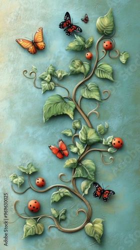 Wallpaper Mural Whimsical vine with butterflies and ladybugs, Vine graphics, playful nature Torontodigital.ca
