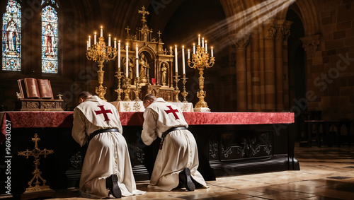 Knights Kneeling in Prayer Before an Altar in a Cathedral