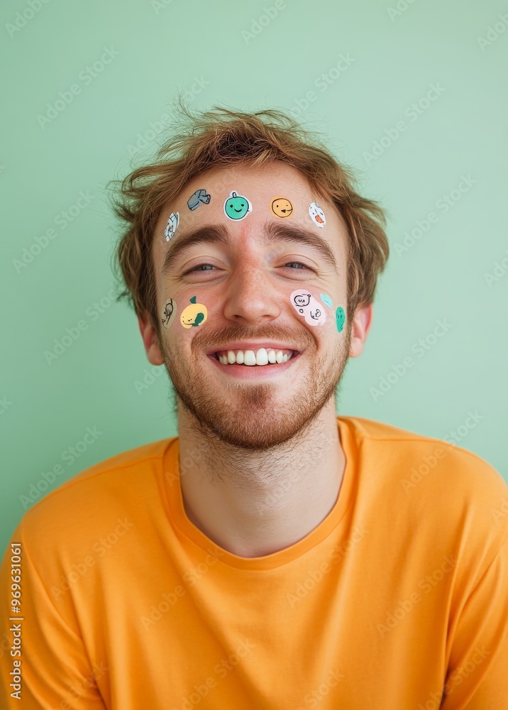 Cheerful young man with cute stickers on face against green background Cheerful young man with cute stickers on face against green background