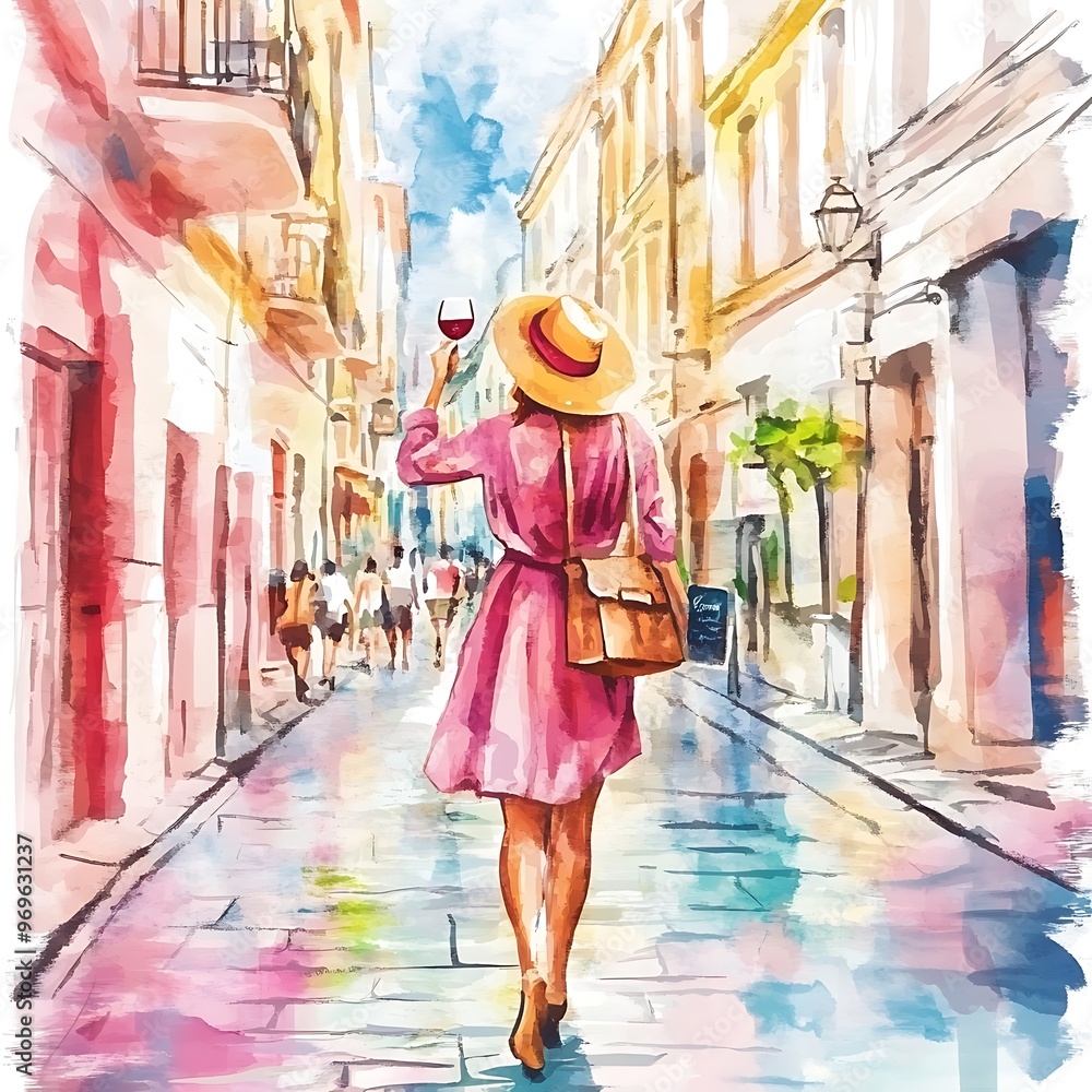 Obraz premium Woman in a Pink Dress Walking Down a Colorful Street in Watercolor Style.