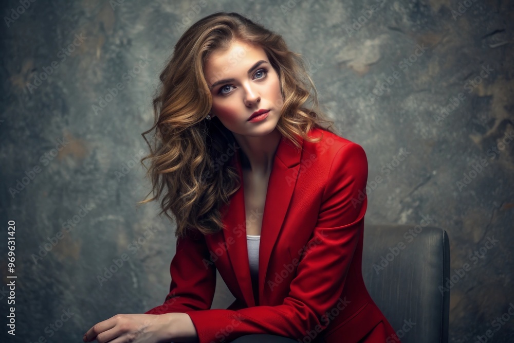 a fashionably dressed young woman sits gracefully with a serene expression. She is wearing a striking red blazer that brilliantly contrasts a fashionably dressed young woman sits gracefully with a serene expression. She is wearing a striking red blazer that brilliantly contrasts