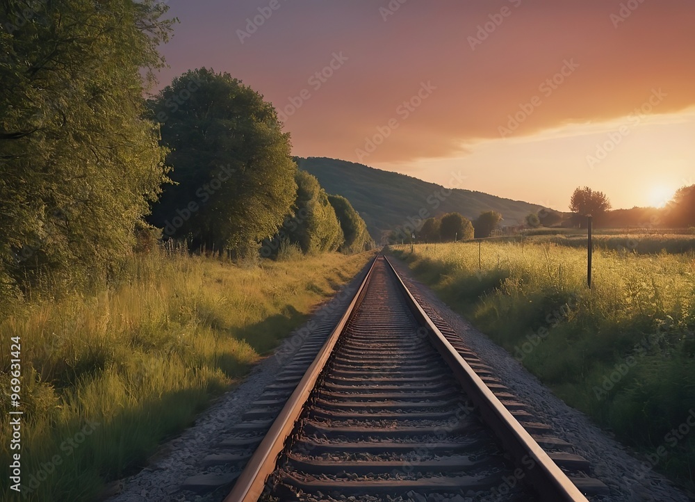 A beautiful train is traveling down its train tracks as the sun sets A beautiful train is traveling down its train tracks as the sun sets