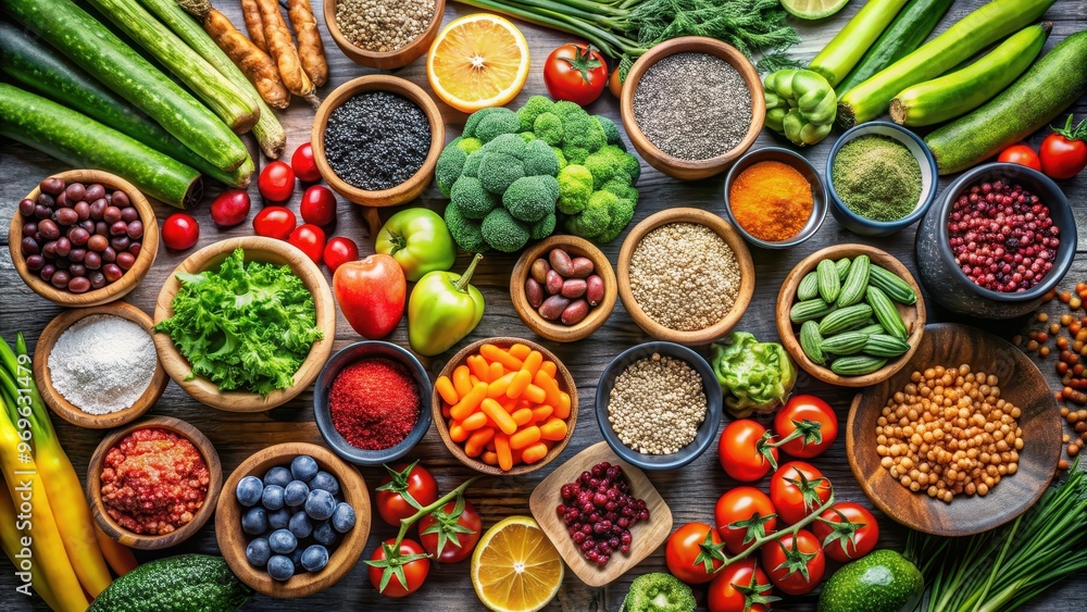 Healthy super food selection with vegetarian and vegan options, showcasing an array of fresh vegetables, healthy, superfood Healthy super food selection with vegetarian and vegan options, showcasing an array of fresh vegetables, healthy, superfood