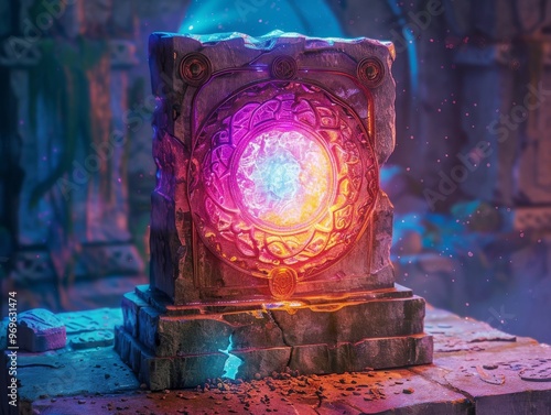 A glowing portal within a stone structure, radiating vibrant energy,  suggesting a mystical passage or otherworldly connection. photo