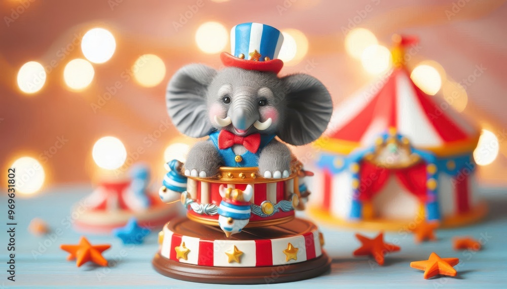 Fototapeta premium A cheerful elephant figurine on a carousel, surrounded by festive decorations and lights.