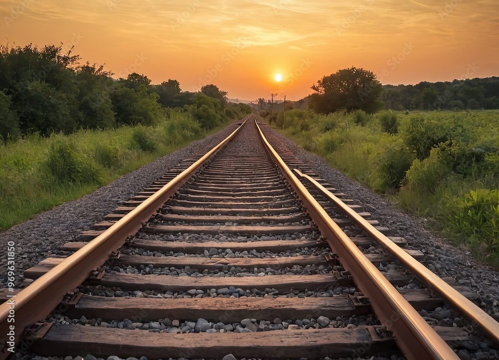 A beautiful train is traveling down its train tracks as the sun sets A beautiful train is traveling down its train tracks as the sun sets