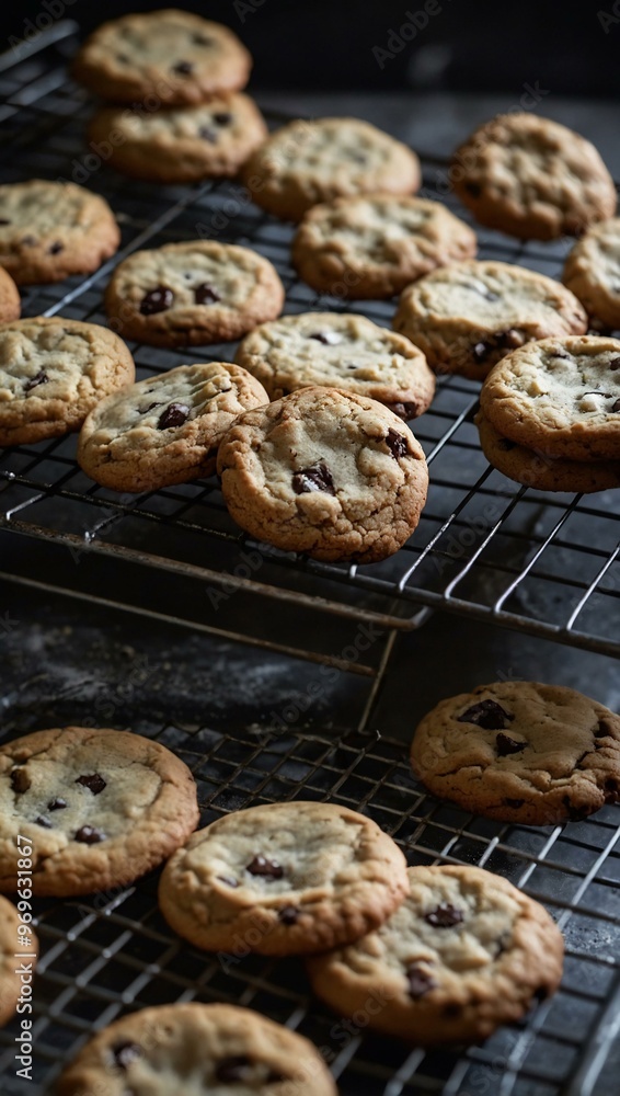 Home-baking scene with freshly baked cookies cooling on a rack. Home-baking scene with freshly baked cookies cooling on a rack.