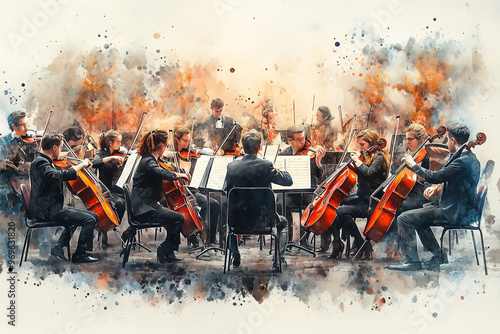Watercolor painting of orchestra performing on stage.