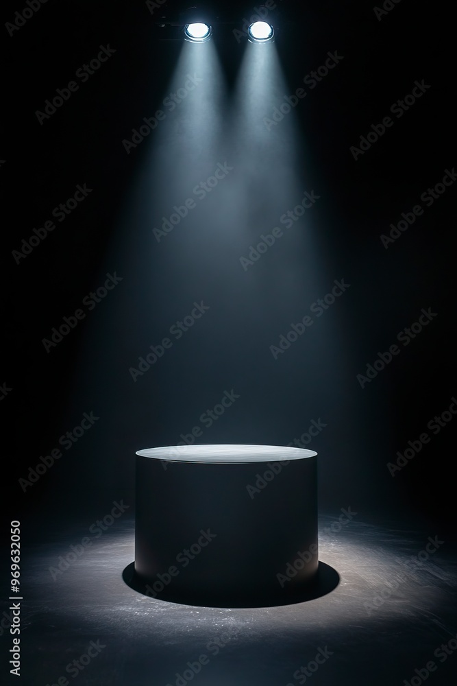 Podium with downlight that highlights the product from below, creating a dramatic silhouette effect. generative ai Podium with downlight that highlights the product from below, creating a dramatic silhouette effect. generative ai