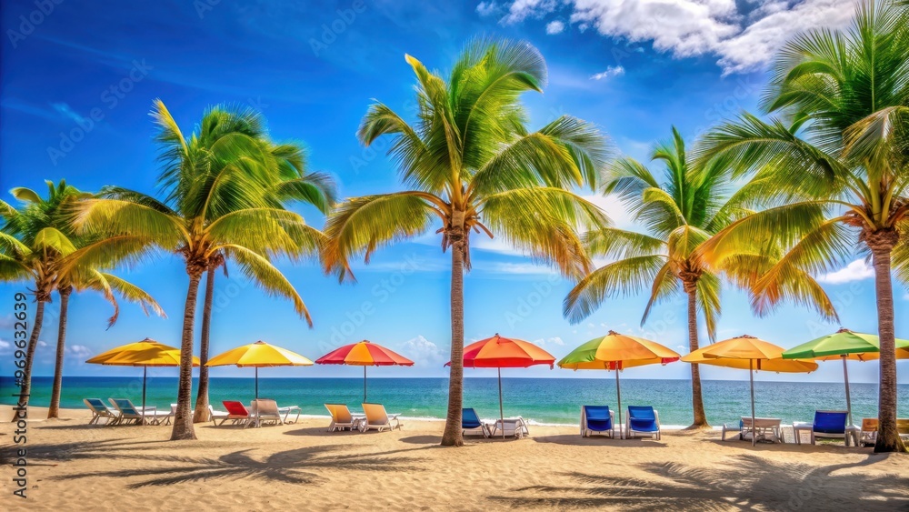 Flat of a vibrant and sunny summer beach scene with umbrellas, towels, palm trees, and a clear blue sky , beach, summer Flat of a vibrant and sunny summer beach scene with umbrellas, towels, palm trees, and a clear blue sky , beach, summer