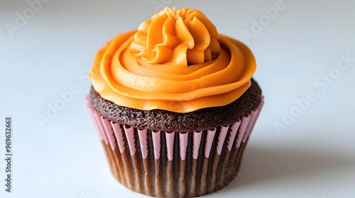 Delicious orange buttercream cupcake with vibrant frosting topping freshly baked and artfully decorated  This indulgent confection is a tempting treat perfect for any bakeshop patisserie