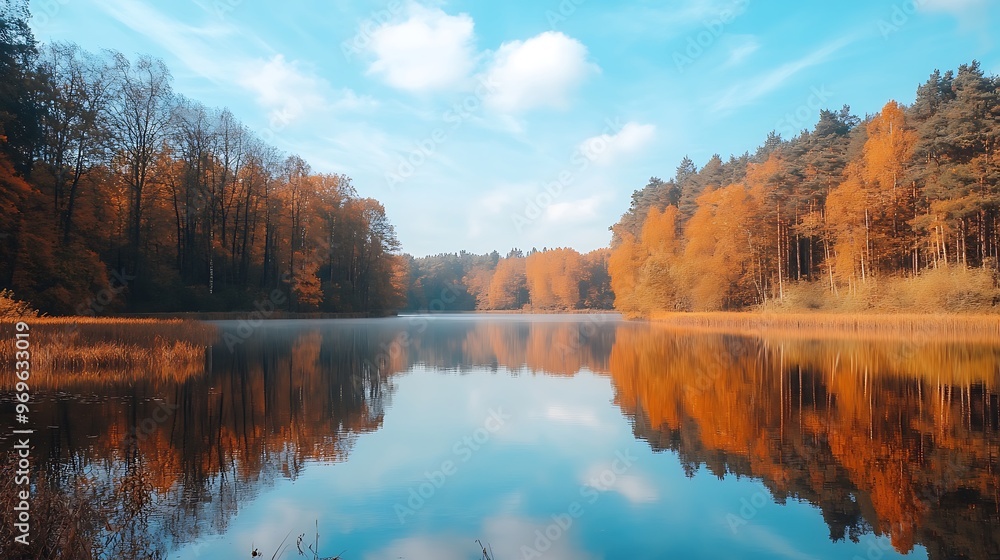 Obraz premium Tranquil Autumn Forest Reflections in a Calm Lake.
