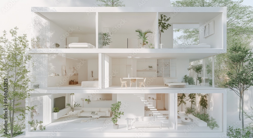 Fototapeta premium Minimalist house interior design with white walls and greenery.