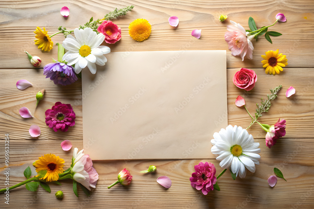 Minimal empty paper card mock up with white flowers. added a white fabric Minimal empty paper card mock up with white flowers. added a white fabric