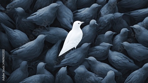 White bird amidst gray birds, emphasizing the concept of standing out from the crowd and embracing onea uniqueness in a minimalist scene