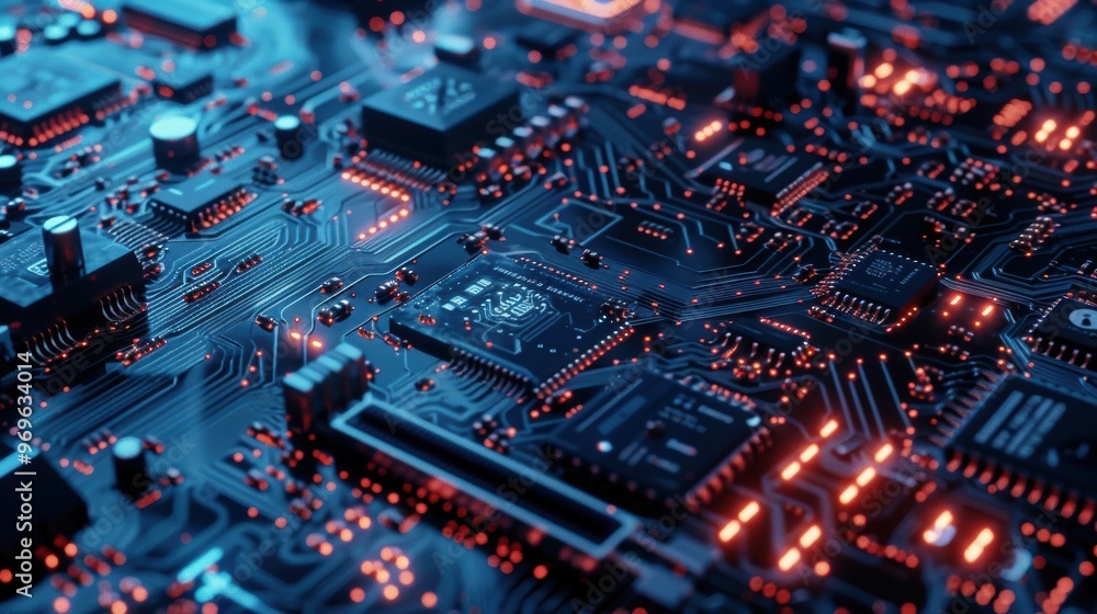 A close-up of glowing hardware red circuit board, chips and processors A close-up of glowing hardware red circuit board, chips and processors
