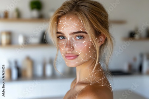 Synapse quantumlink expansion deepweb and blueprint young woman with delicate glowing freckles illuminated by soft morning light in a cozy kitchen photo