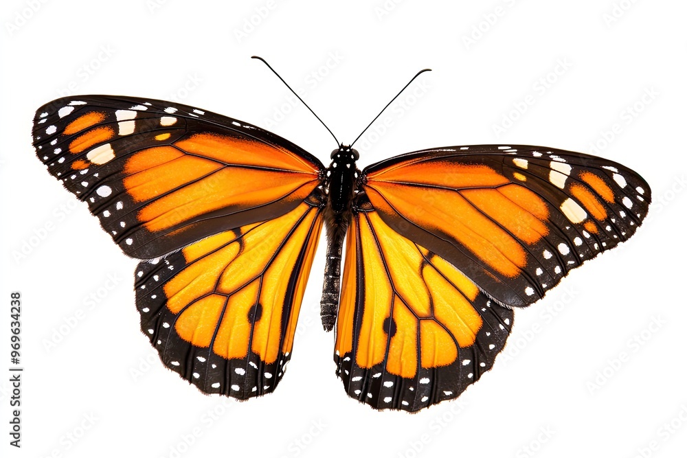 Fototapeta premium Orange colorful butterfly danaus chrysippus plain tiger, african monarch isolated on white, closeup, macro. Design element. Danaidae, collection butterflies, insects