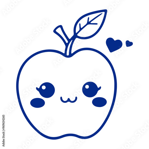 A cute blue apple with a smiling face, a leaf, and small hearts