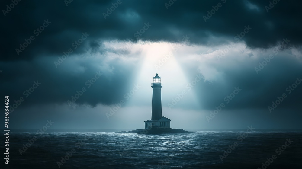 Stormy waves crash around a lone lighthouse as lightning illuminates the darkened sky Stormy waves crash around a lone lighthouse as lightning illuminates the darkened sky