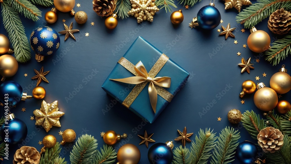 Luxury Christmas frame border featuring gift box blue, gold xmas balls ornaments on dark blue background top view, luxury Luxury Christmas frame border featuring gift box blue, gold xmas balls ornaments on dark blue background top view, luxury