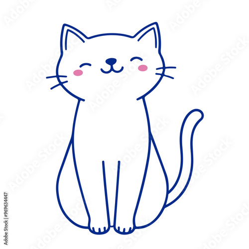 A cute white cat with blue outline, sitting and smiling