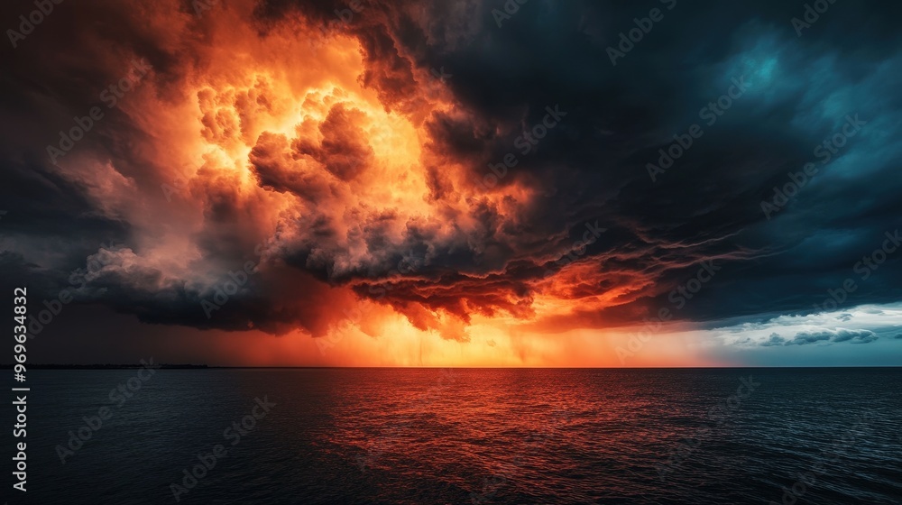 Dark storm clouds gather over the sea as vibrant flashes of lightning illuminate the sky at dusk, showcasing nature's powerful beauty and intensity Dark storm clouds gather over the sea as vibrant flashes of lightning illuminate the sky at dusk, showcasing nature's powerful beauty and intensity