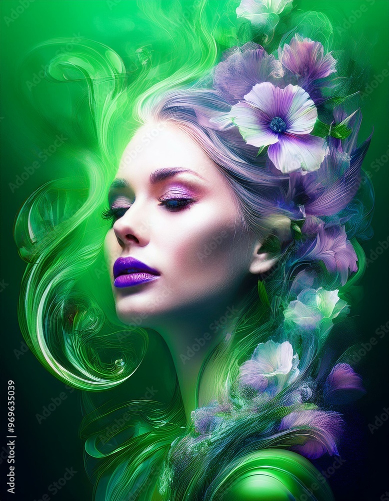 Fairy woman in fantasy green purple dreamy fog and flowers in her white hair Fairy woman in fantasy green purple dreamy fog and flowers in her white hair