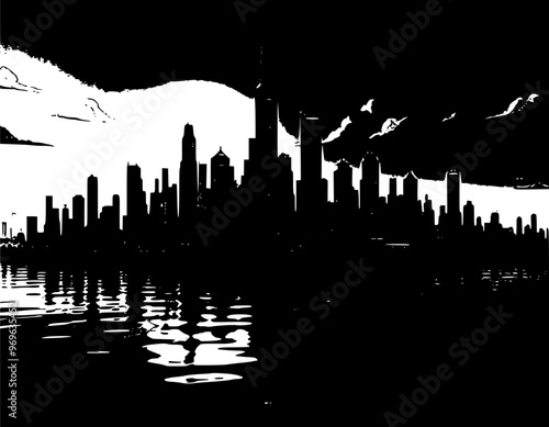 Abstract Vector Design of Futuristic City Skyline with Minimalistic Shapes, Sharp Angles, Gradients, and Cinematic Composition