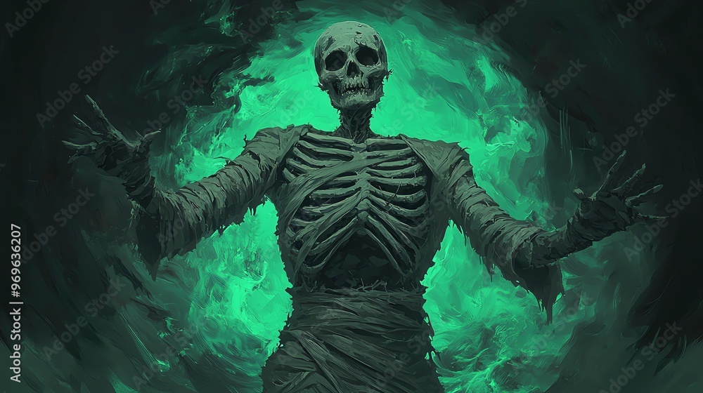 A captivating skeletal figure surrounded by an eerie green glow, perfect for Halloween or spooky themes. A captivating skeletal figure surrounded by an eerie green glow, perfect for Halloween or spooky themes.