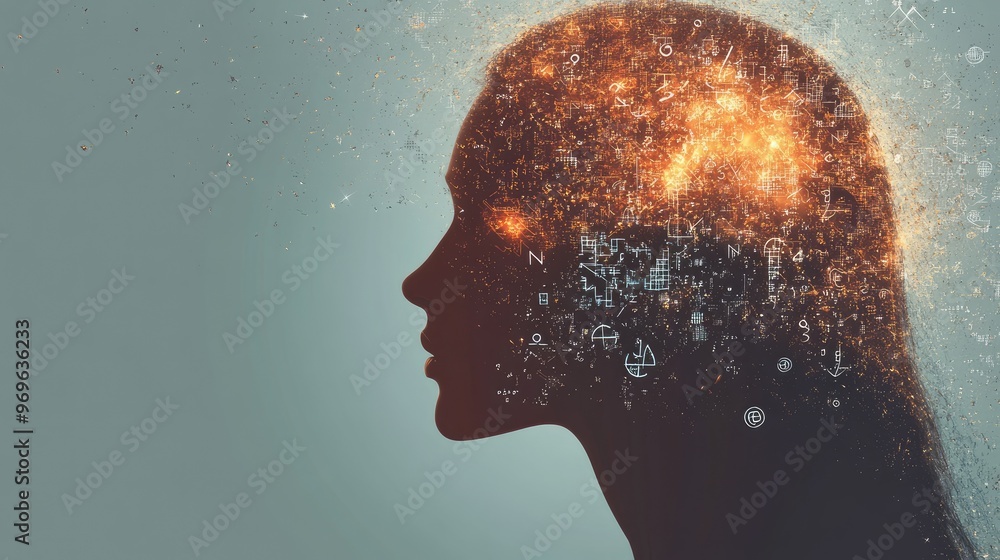 Profile of a head silhouette with dynamic math symbols swirling around, symbolizing intelligence and problem-solving. Profile of a head silhouette with dynamic math symbols swirling around, symbolizing intelligence and problem-solving.