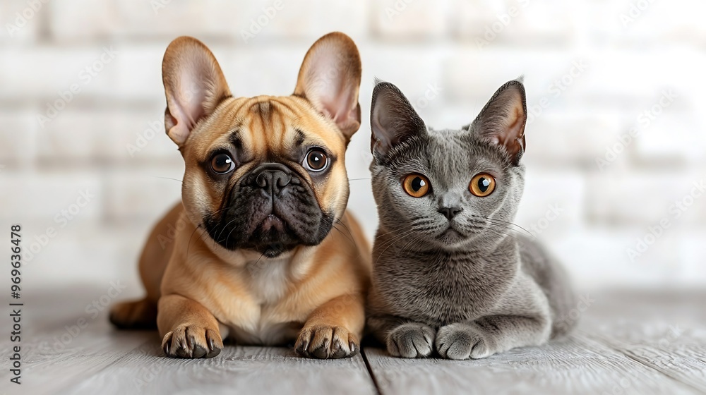Image featuring a cute French Bulldog with its signature bat ears and a Scottish Fold cat with folded ears both sitting side by side on a crisp white background Image featuring a cute French Bulldog with its signature bat ears and a Scottish Fold cat with folded ears both sitting side by side on a crisp white background