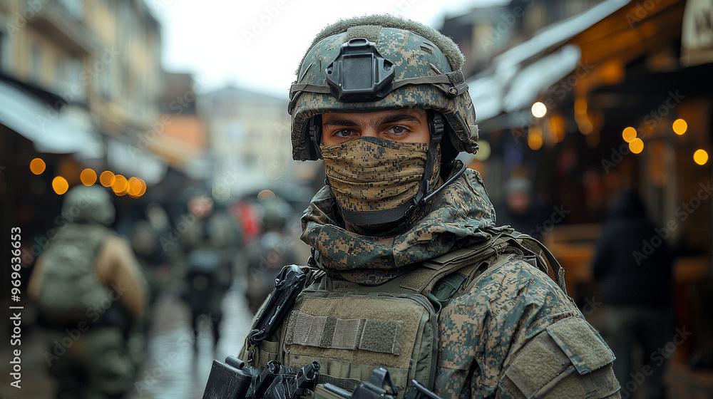 A young soldier stands on a city street, looking directly at the camera. A young soldier stands on a city street, looking directly at the camera.