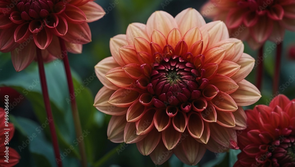 Macro photography of a red dahlia flower, capturing its intricate details. Macro photography of a red dahlia flower, capturing its intricate details.