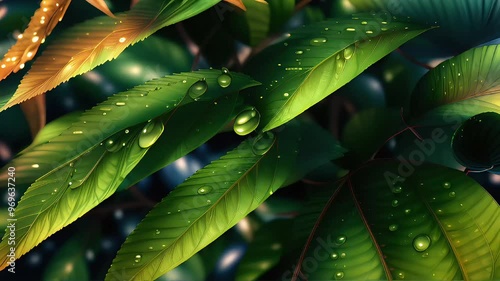 Green Leaves on a Branch with Dew, Close-Up, Loopable Morphing Video, good for meditation and chill animations (perfect loop)