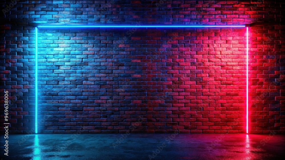 Dark room with a brick wall illuminated by blue and red neon lights creating a striking contrast and mood , Neon lights