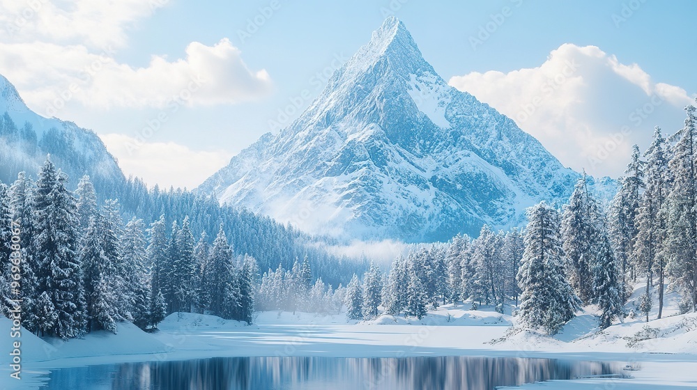 A snowy mountain peak towering over a winter landscape of pine trees and frozen lakes A snowy mountain peak towering over a winter landscape of pine trees and frozen lakes