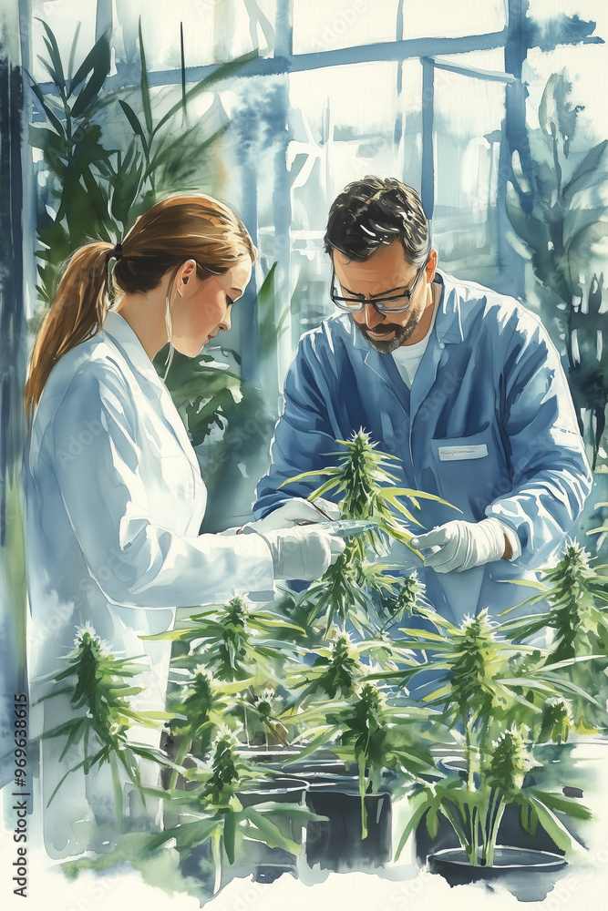 Obraz premium Watercolor painting of male and female researchers examining marijuana plants in a greenhouse.