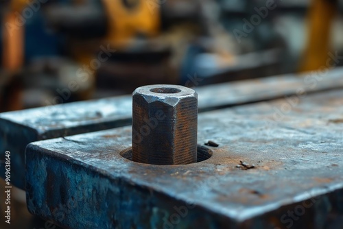 Close-up of a rusty hexagonal bolt on a metal surface showcasing industrial wear and corrosion.