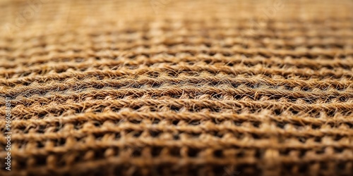 A detailed close-up of rough woven brown burlap fabric, showcasing its texture and intricate fibers closely. photo