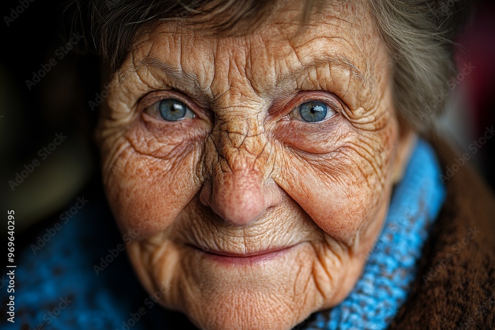 Algorithmic modeling entropic flow quantum coherence perceptual framing and proprioception close up of elderly womans smiling face showcasing wrinkles and blue scarf in warm tones Algorithmic modeling entropic flow quantum coherence perceptual framing and proprioception close up of elderly womans smiling face showcasing wrinkles and blue scarf in warm tones