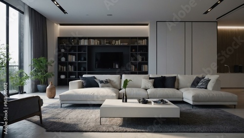 Modern living room with a white sofa and TV.