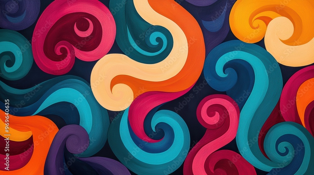Vibrant abstract artwork with bold swirls and curved shapes in colorful tones of red, orange, teal, and purple. The dynamic composition creates an energetic flow of forms. Vibrant abstract artwork with bold swirls and curved shapes in colorful tones of red, orange, teal, and purple. The dynamic composition creates an energetic flow of forms.