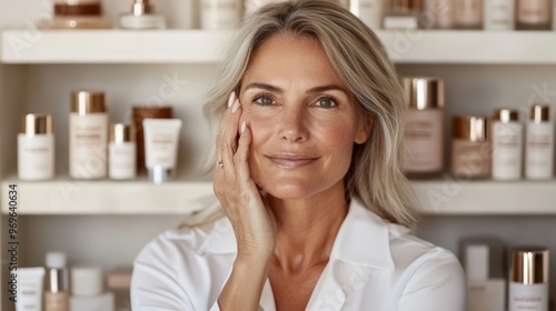 Mature Woman with Flawless Skin in Front of a Shelf of Beauty Products.