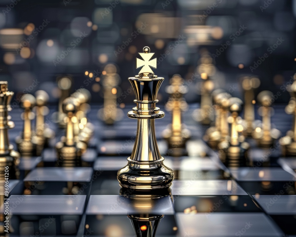 A golden chess king stands tall on a chessboard, surrounded by other pieces. This image symbolizes leadership, strategy, and victory. A golden chess king stands tall on a chessboard, surrounded by other pieces. This image symbolizes leadership, strategy, and victory.